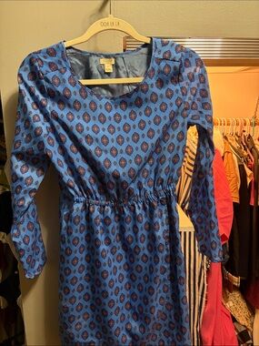 J. Crew Blue Patterned Long Sleeve Midi Dress
